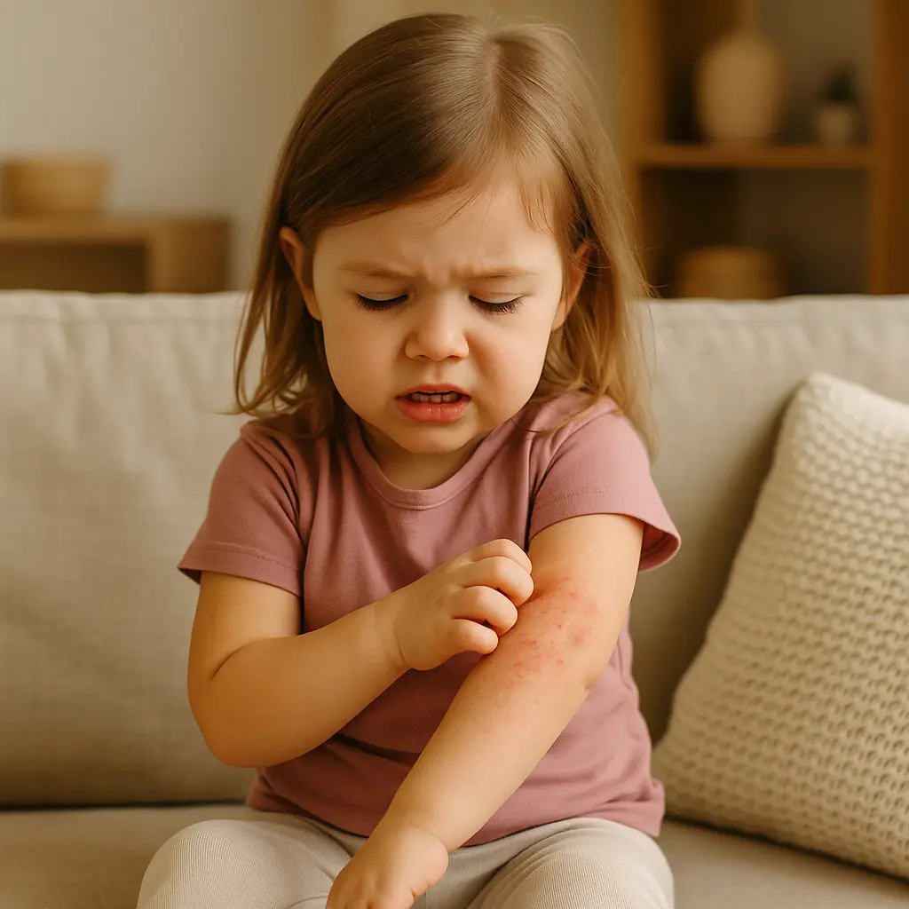 Niña pequeña con dermatitis atópica rascándose el brazo