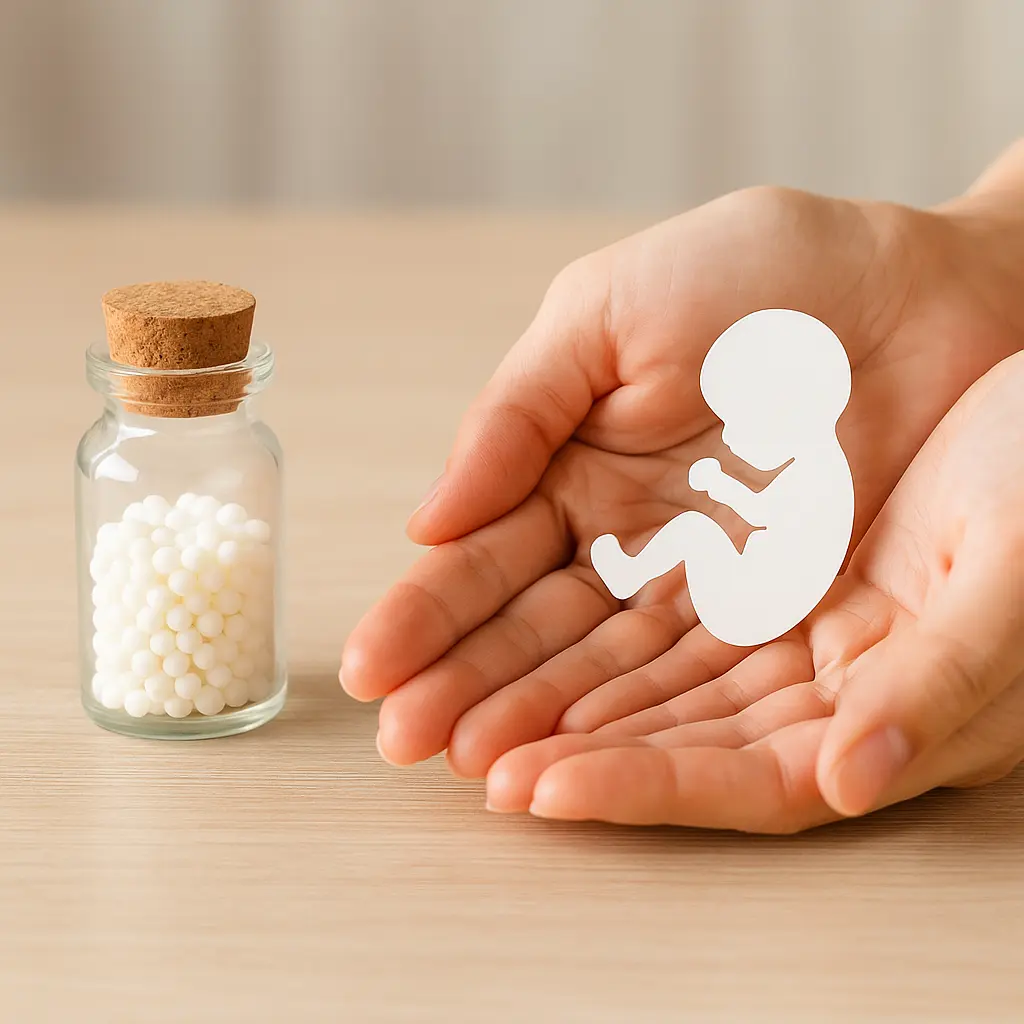 Homeopatía y fertilidad representadas con manos y un feto de papel