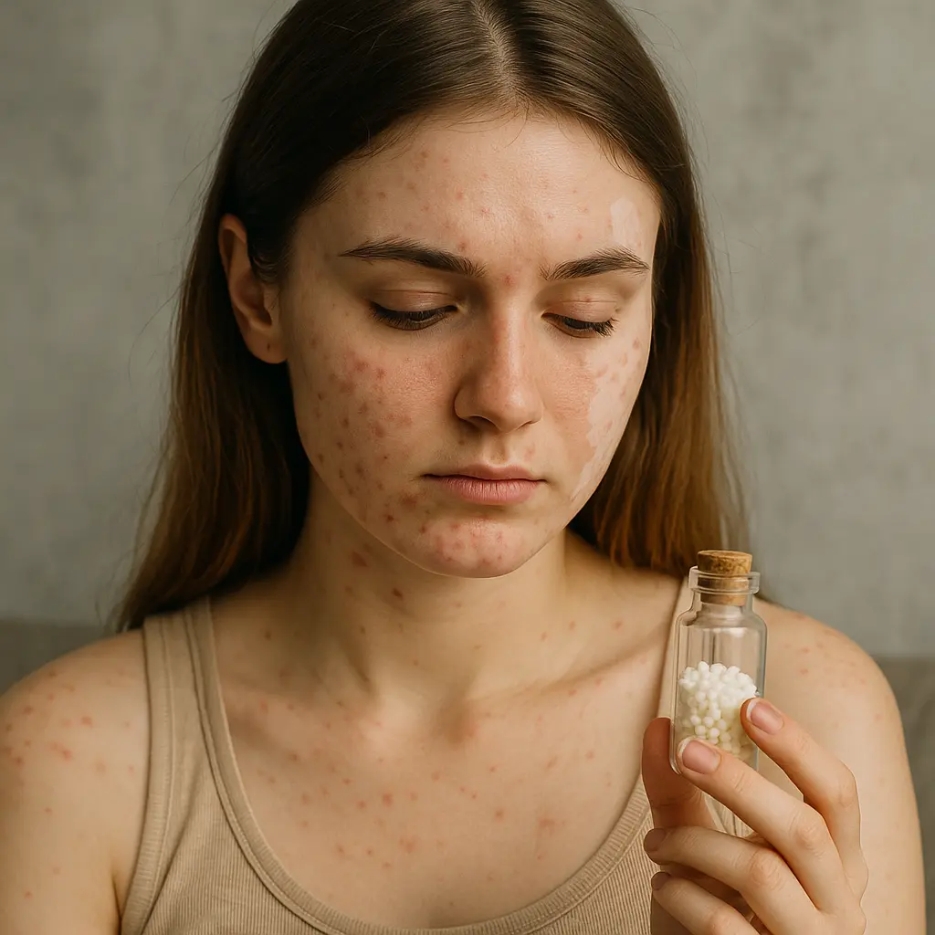 Mujer joven con acné y vitiligo observando frasco de homeopatía