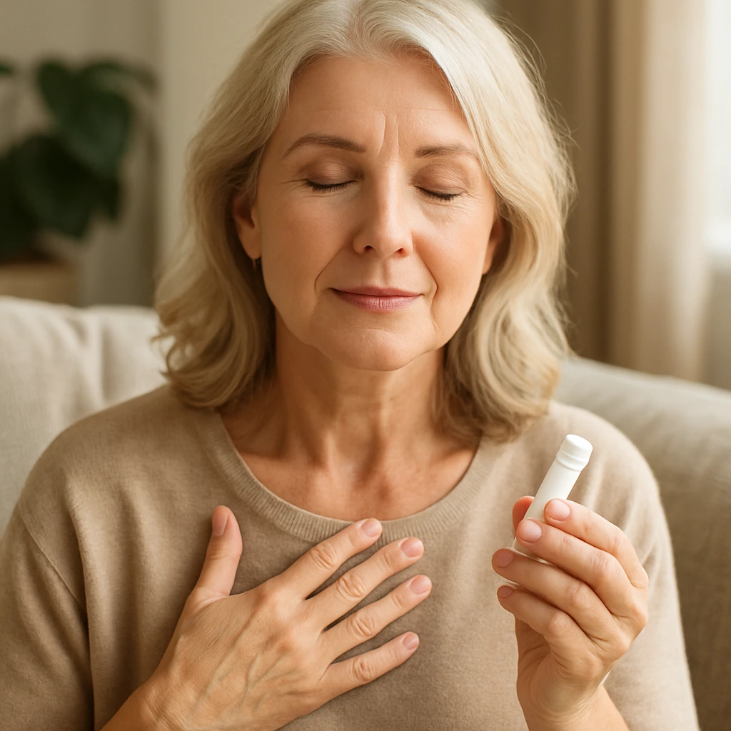 Mujer en menopausia con expresión serena y remedio natural en mano