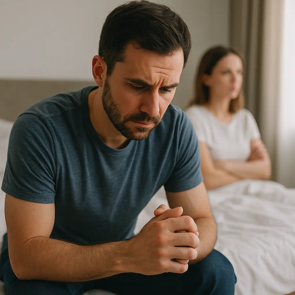 Hombre pensativo con disfunción eréctil en la cama