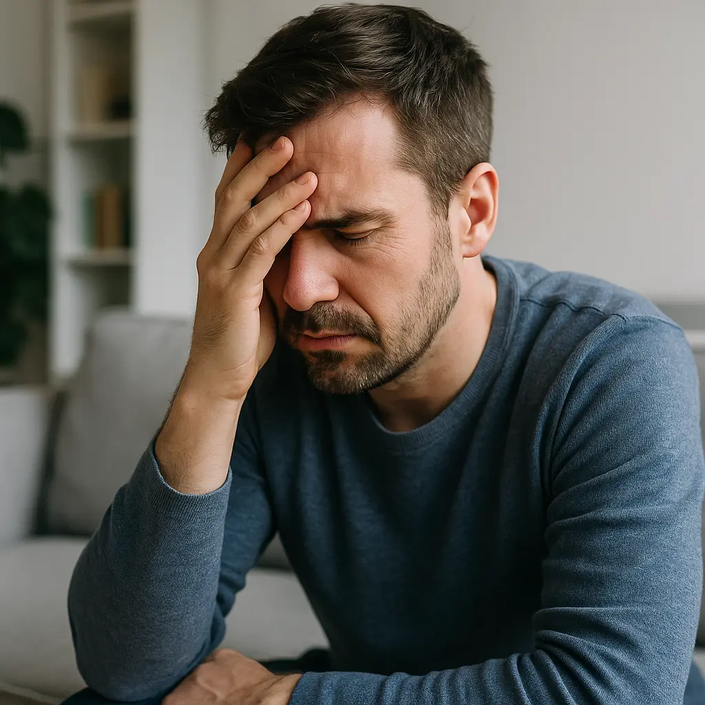 Hombre adulto con signos de estrés y ansiedad en el hogar