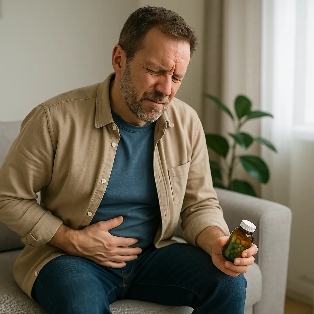 Hombre con molestias pélvicas sosteniendo frasco de medicina natural