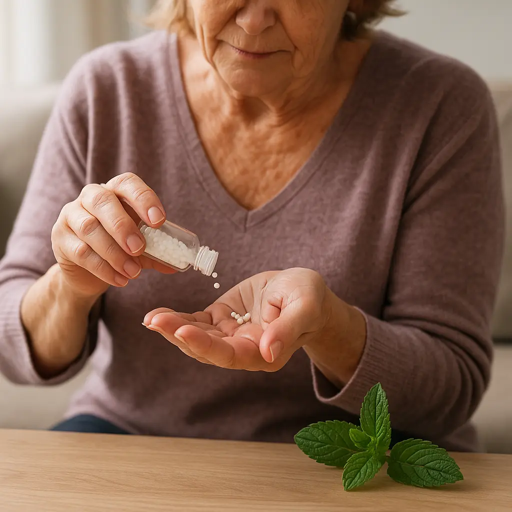 Mujer mayor usando homeopatía para aliviar la artrosis