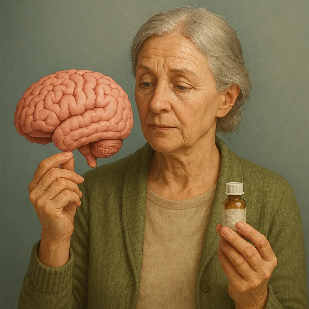 Mujer mayor sosteniendo un cerebro y un frasco de homeopatía