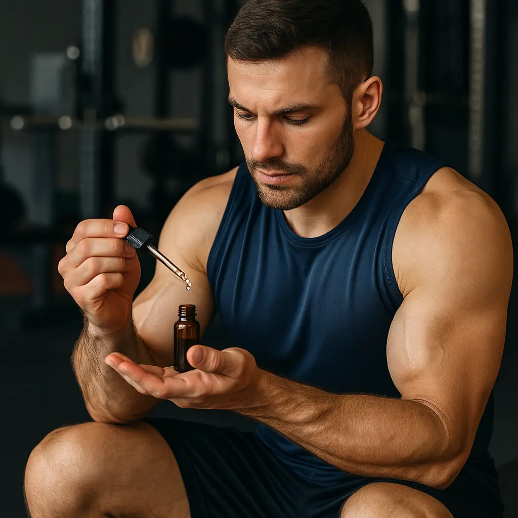 Hombre deportista usando homeopatía en el gimnasio
