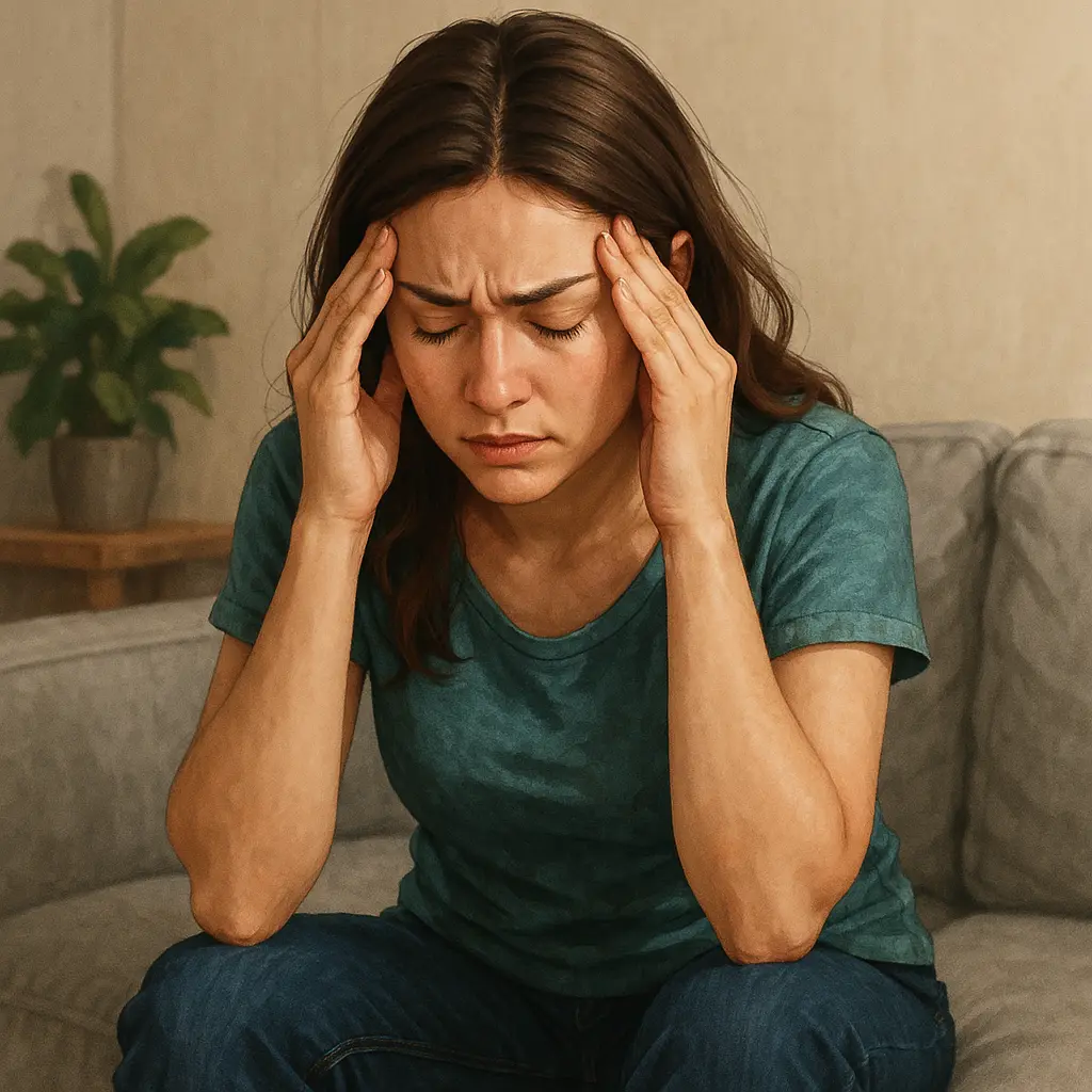 Mujer joven con expresión de estrés buscando paz interior