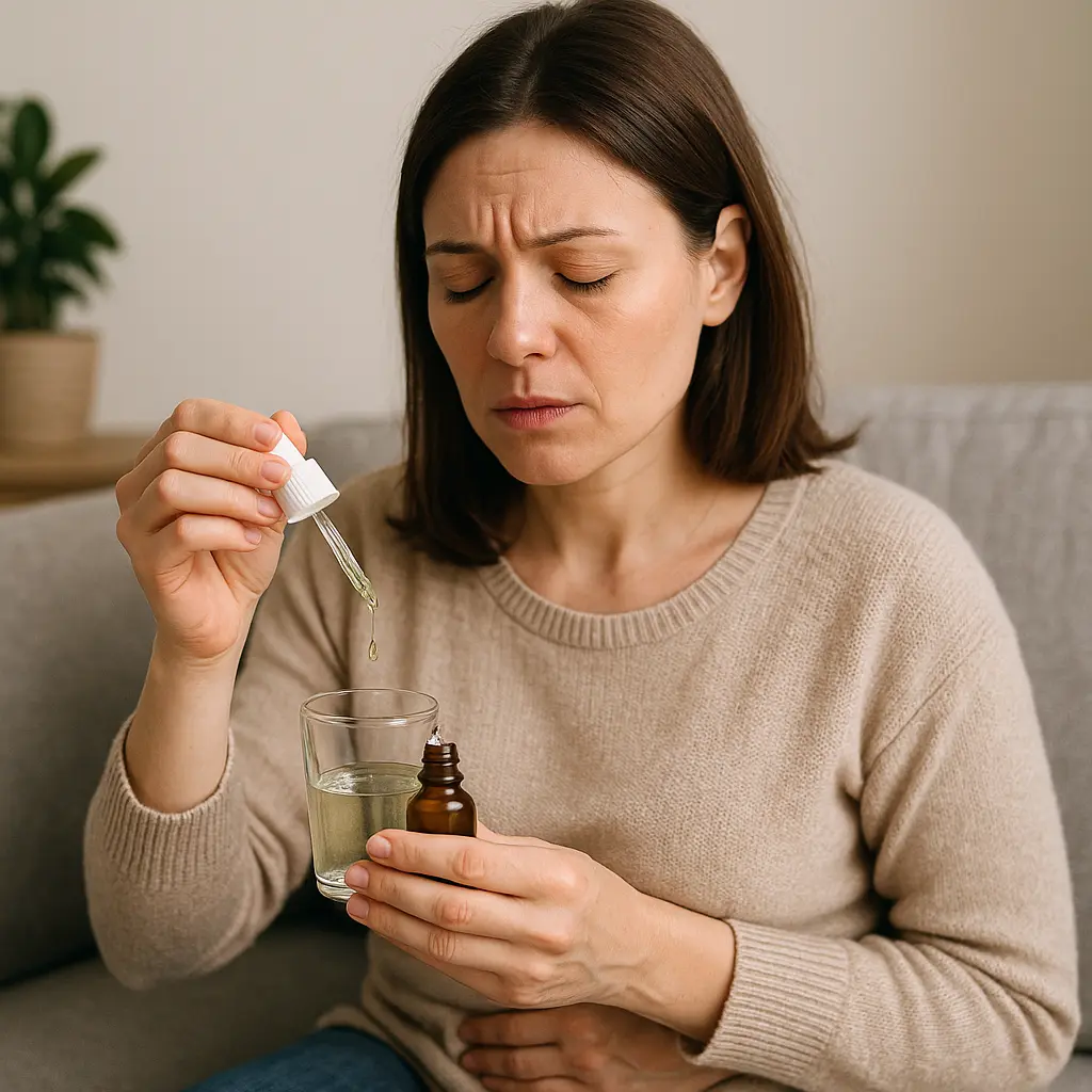 Mujer preparando remedio homeopático para aliviar molestias digestivas