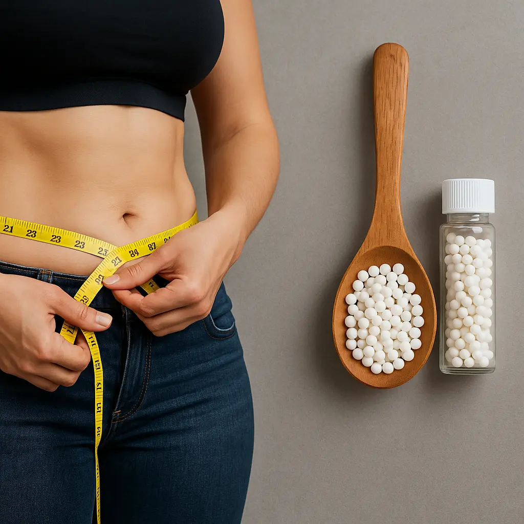 Mujer midiendo su cintura junto a remedios homeopáticos sobre fondo neutro