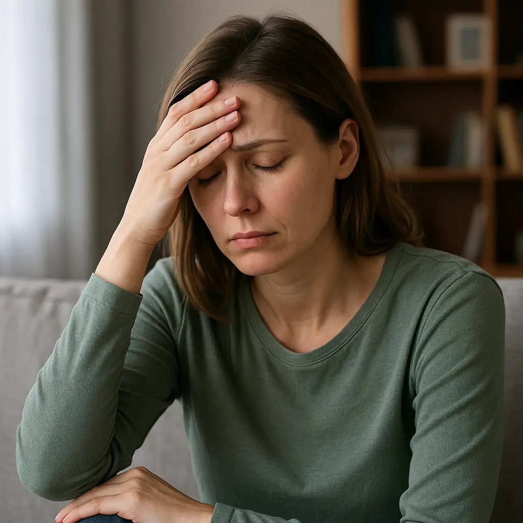 Mujer con signos de fatiga crónica sosteniendo su cabeza