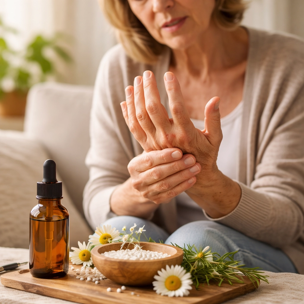 Homeopatía para la artritis en mujer con dolor en las manos