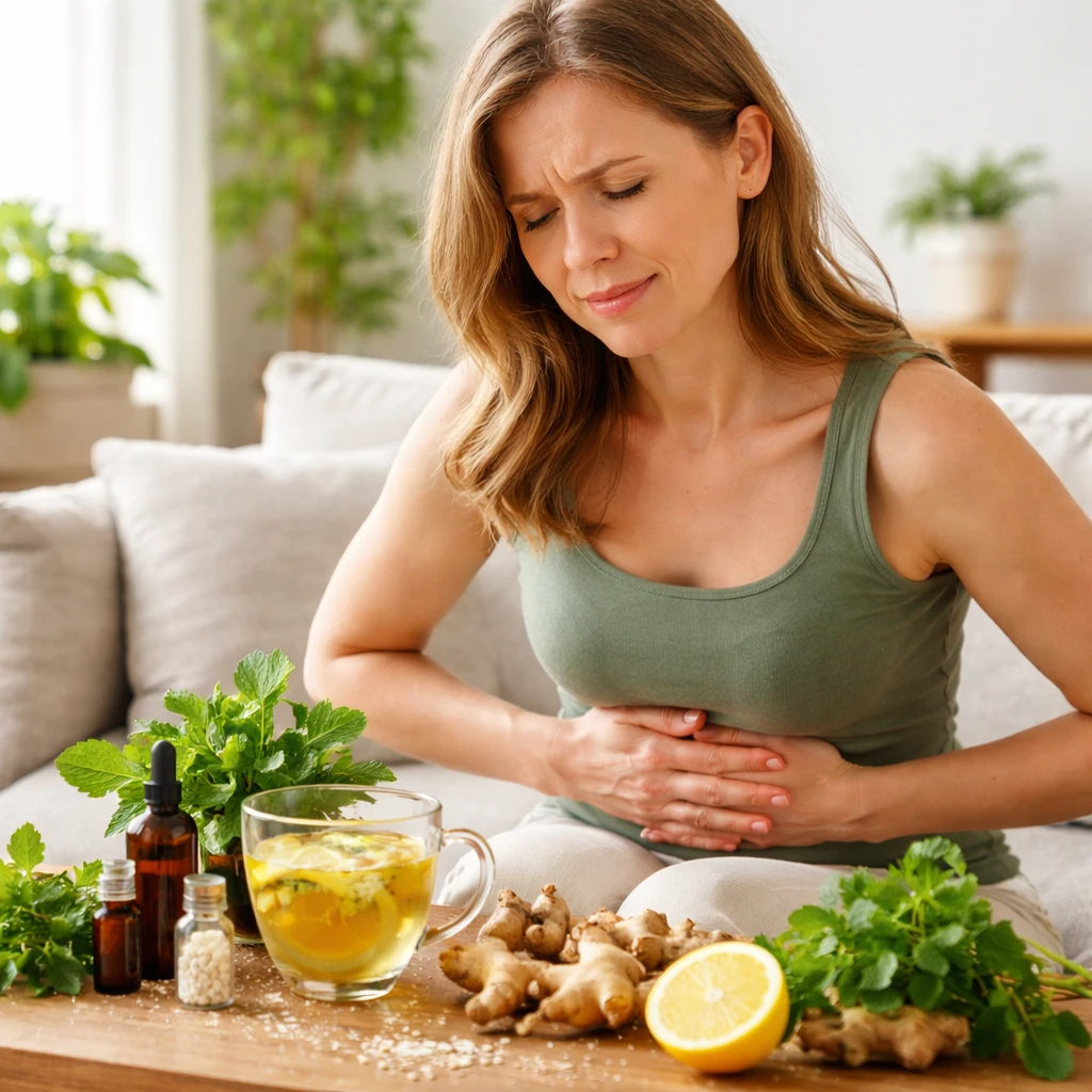 Mujer con malestar estomacal utilizando remedios naturales y homeopatía