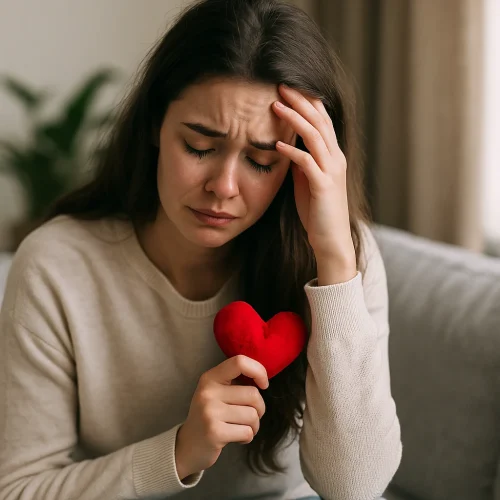Mujer triste sosteniendo un corazón rojo tras una ruptura amorosa
