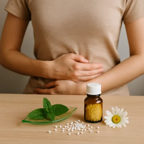 Mujer con dolor menstrual y frasco de homeopatía sobre mesa