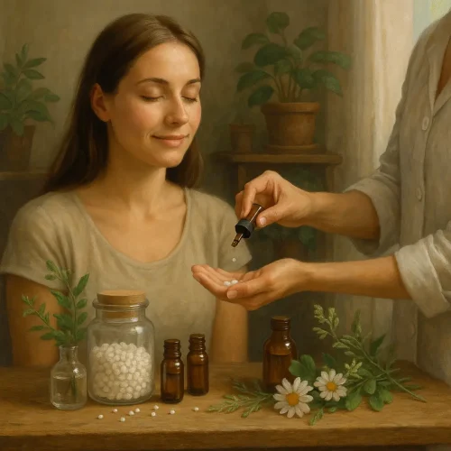 Mujer recibiendo tratamiento homeopático en un entorno natural y relajante