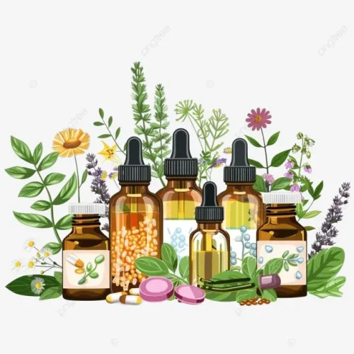 Frascos de homeopatía y hierbas naturales para desintoxicación