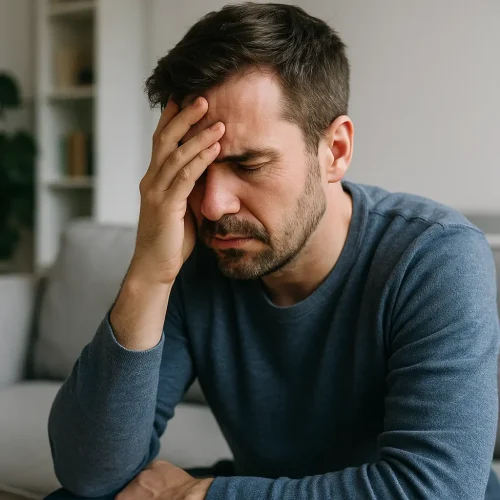 Hombre adulto con signos de estrés y ansiedad en el hogar