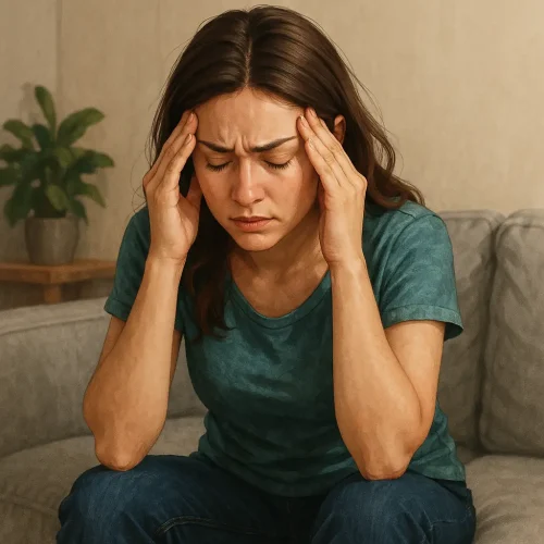 Mujer joven con expresión de estrés buscando paz interior