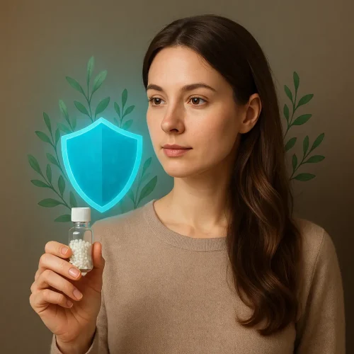 Mujer joven sosteniendo frasco de homeopatía con símbolo de escudo brillante representando inmunidad natural