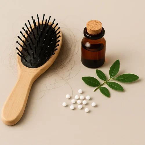 Peine con cabello caído y frasco de homeopatía sobre fondo neutro