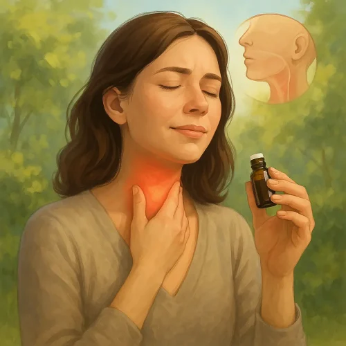 Mujer aliviada usando remedio natural homeopático para dolor de garganta
