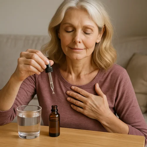 Mujer en menopausia tomando homeopatía de forma natural