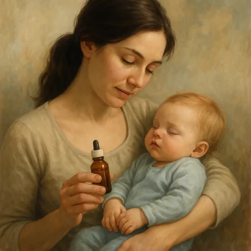 Madre sosteniendo a su bebé dormido con frasco de homeopatía en mano