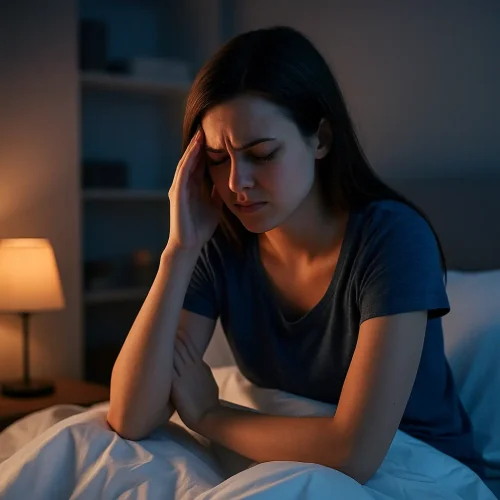 Mujer joven con insomnio y ansiedad sentada en su cama por la noche