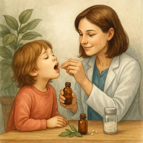 Niño recibiendo tratamiento homeopático de una doctora