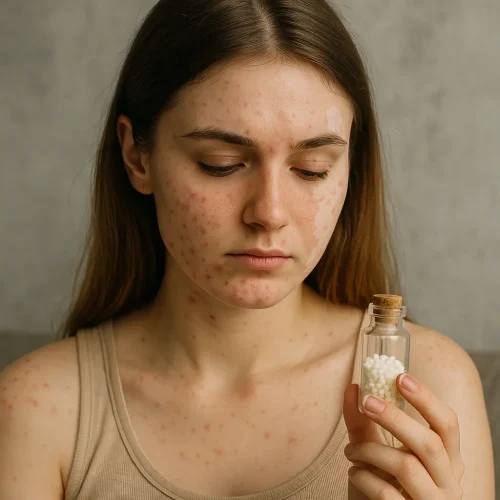 Mujer joven con acné y vitiligo observando frasco de homeopatía