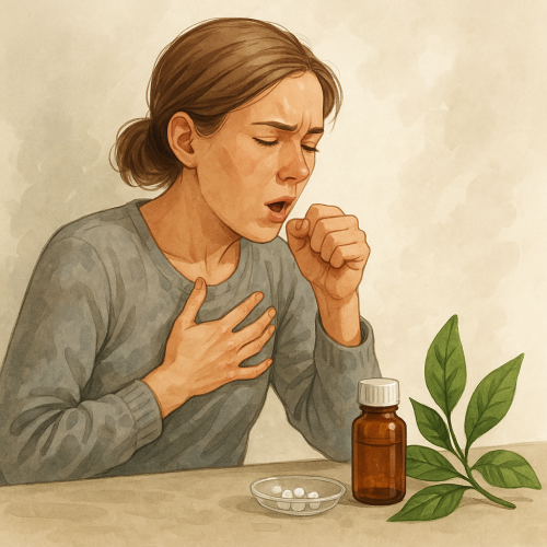 Mujer joven con tos usando tratamiento homeopático natural