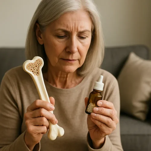 Mujer mayor sostiene modelo de hueso y frasco de homeopatía