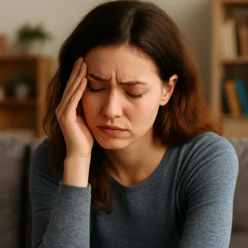 Mujer joven con signos de estrés y ansiedad en casa